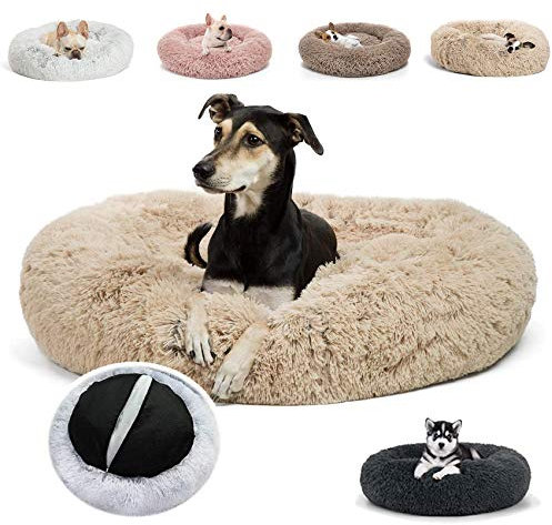 JRUI Deluxe-Haustierbett, Waschbar Hundebett, Rundes Plüsch Hundekissen, Katzenbett Katzenkissen Donut Hundekörbchen für Kleine/Mittelgroße/Große Hunde und Katzen 50-120c, Beige