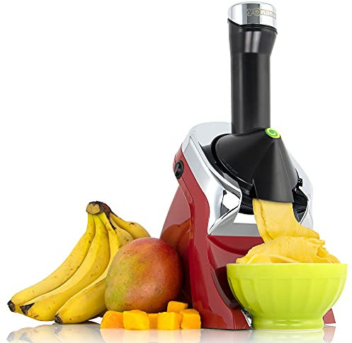 Yonanas 988RD Dessert Frozen Deluxe Design Premium Chrome Serve souple Serve est une alternative végétalienne à la crème glacée sans BPA Passe au lave-vaisselle avec 75 recettes et plus, 200 W, rouge