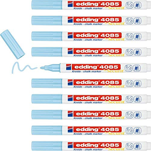 edding 4085 Kreidemarker - pastel-blau - 10 Kreidestifte - Rundspitze 1-2 mm - dünner Kreidestift für Tafel abwischbar - zum Beschriften von Fenster, Glas, Spiegel - Tafelstift mit deckenden Farben