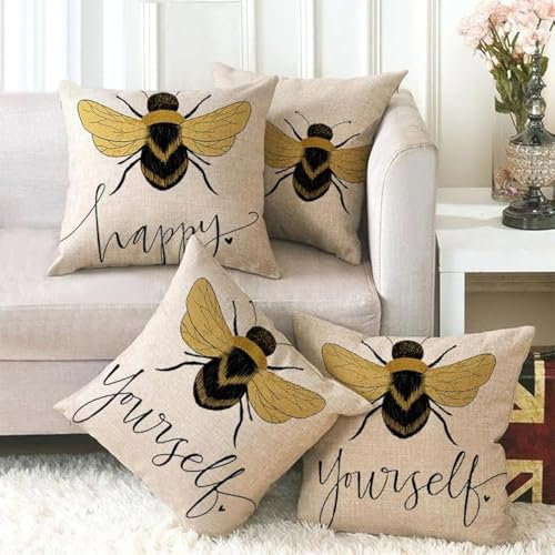 KUNQIAN Bee Cushions Cover Outdoor Waterproof Cushions Yellow Bee Pillow Covers Set of 4 Home Decorative for Sofa Linen Square Outside Office 18x18 Inch 45x45cm