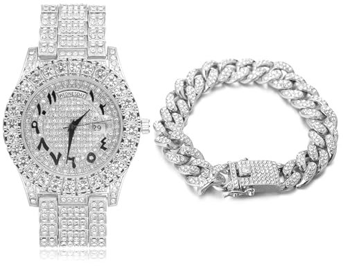 Halukakah Diamanten Gold Uhr Iced Out, Herren Römische Zahlen Platin Weißgold Vergoldetes Quarzarmband 24cm, mit Kubanische-Kette Armband 20cm, Kostenlose Geschenkbox