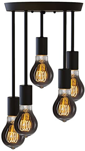 SKYLYZH Deckenleuchte, E27 Retro Pendelleuchte, Schwarze Deckenlampe Metall, 5 flammige Leuchter industrieller Stil Pendellampe, Hängelampe, für Schlafzimmer, Esszimmer, Wohnzimmer, Flur, Küche-B