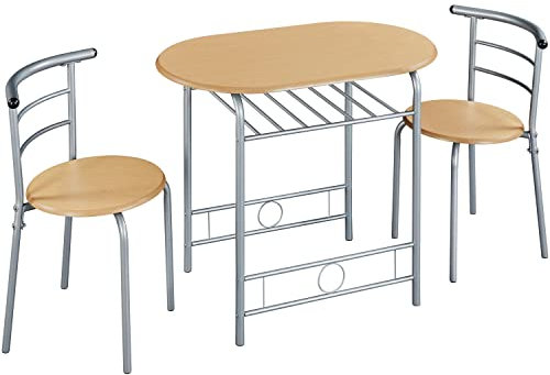 Yaheetech Juego Mesa y 2 Sillas de Comedor Cocina Conjuntos de Mueble de 3 Piezas con Vino Estante Superficie de Mesa 90 X 53 cm Naturtal y Plata