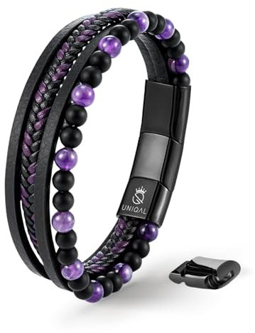 UNIQAL | Echtleder Armband Herren mit Natursteinen FANCY Mens nature stone Bracelet | Edelstahl, Männer | Etui Box Gratis (LILA AMETHYST, 23)