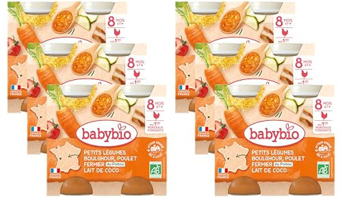 Babybio - Petits pots - Petits légumes Boulghour Poulet Lait de coco avec morceaux - BIO - 8+ mois - 2x200g - Lot de 6