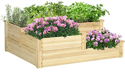 Outsunny Hochbeet, 3-stufige Pflanzenbeet, Blumenkasten, Kräuterbeet, Pflanzentreppe, Blumentreppe für Balkon, Garten, Tannenholz, Natur, 108 x 88 x 36 cm