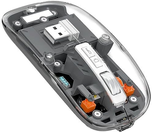 MAGIC-REFINER Mouse Wireless Ricaricabile, 2.4Ghz + Bluetooth 5.0 Silenzioso Mouse Senza Fili Ottico Ultra Sottile 2400 DPI, Mouse Gaming Trasparente, Batteria Visibile, per Laptop/PC/MacBook, Grigio