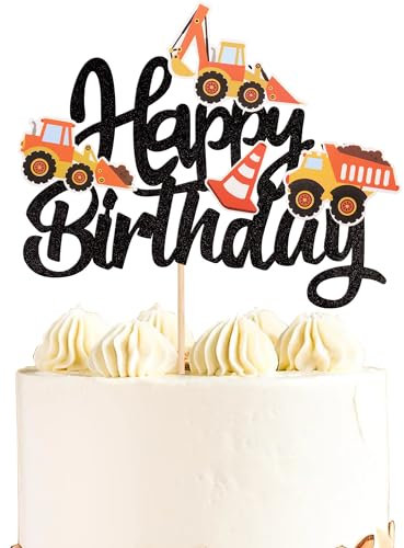 SYKYCTCY 1 PCS Construction Happy Birthday Cake Topper Glitter Truck Excavator Tractor Pick Decorations for Theme Baby Shower Kids Boys Girls Party Supplies Black (UKTC-527-Black)