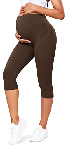 SEASUM Umstandsleggings 3/4 Damen, Sommer Umstandshose Blickdichte, Nahtlose Leggings Umstandsmode Shorts, Capri für Schwangere, M9820-Braun S
