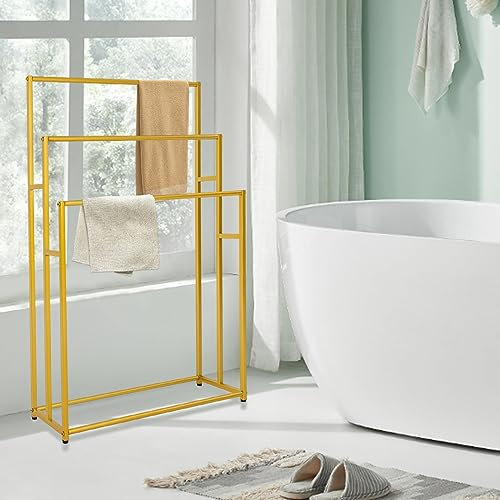 Handtuchhalter Stehend Edelstahl Handtuch Ständer, 3-stufiger Towel Rack Handtuchständer Freistehend Anti-Rost Beschichtung Metall-Leiter-Handtuchhalter Badezimmermöbel, HxBxT: 110x75x25 cm (Gold)