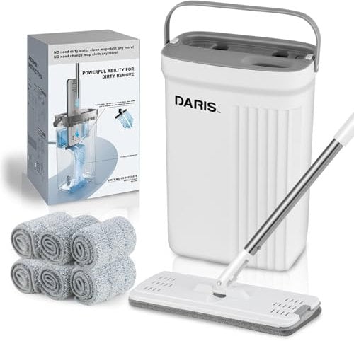 Bodenwischer Set mit Eimer,trennt Schmutz von Frischwasser,Bodenwischer mit Auswringfunktion,6 Mikrofaser Mehrweg Wischpads Enthalten für alle Hartböden,innovatives 3 Kammer Wischmop Putz