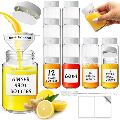 volila Mini Bouteille Shot - 60 ml Ginger Shot Petite Bouteille En Verre - Bouteille Shot Gingembre Vide Pour Jus, Décor et Souvenir (12 Pack - White Lids)