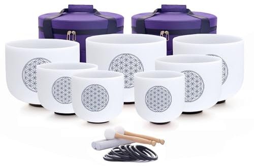 Hye-eun Kristall-Klangschalen-Set, 432 Hz, 17,8 - 30,5 cm, Blume des Lebens, Klangschalen-Set, 7-teilig, für Yoga, Meditation, Klangheilung, mit robuster Tragetasche