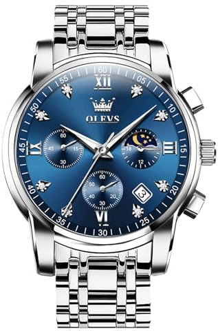 OLEVS Silber Herrenuhren Edelstahl Elegnt Quarz Armbanduhr Herren Analog Kleid Großes Blau Zifferblatt Männer Uhr mit Datum Mondphasen Modern Wasserdicht Herrenarmbanduhren Metallarmband Geschenke