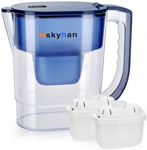 Hskyhan Pitcher with Alkaline Water Filter - 3.8 Liter Enhances Ph, 2 Long Lasting Cartridges Included, Bpa Free, 7-Stage Filtration System to Purify, Blue