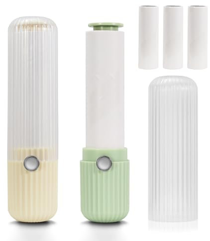 LELE LIFE Lot de 2 mini rouleaux anti-peluches de voyage pour vêtements extra collants et portables avec housse, pour enlever les poils de chat et de chien avec 5 recharges (jaune + rouleau