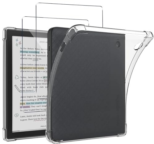 KUSINHOKA Custodia Protettiva per Kobo Libra Colour (7 Pollici) + [2 Pezzi] Vetro Temperato, [Antiurto] Morbido Silicone Trasparent Custodia, [Anti-Graffio] TPU Protezione Cover per Kobo Libra Color