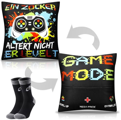 Yamitora Geschenke für Männer,Zocker Geschenk Mann Coole Sachen für Teenager Jungs Mädchen Freunde zum Geburtstag Geschenk Papa Geschenk Gaming Deko Gamer Socken 43-46 mit Männerkissenbezug 45x45cm