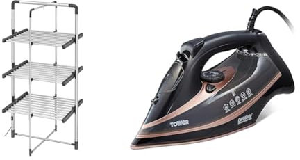 Black+Decker 63099 3-Tier Heated Clothes Airer Aluminium, Cool Grey, 140cm x 73cm x 68cm & Tower T22013 CeraGlide Steam Iron, Ceramic Sole Plate, 3100 W, Rose Gold and Black.