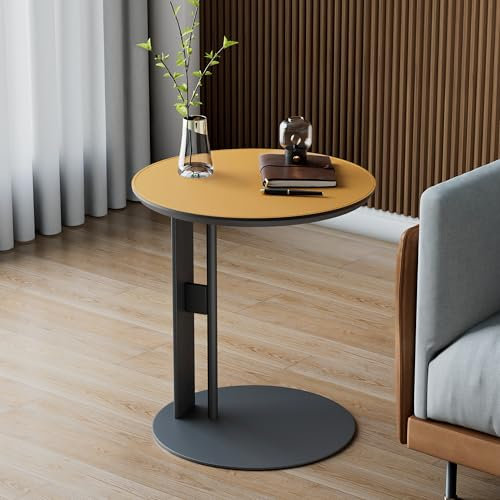 Artloge Beistelltisch Runder Sofatisch C-Form, Kleiner Beistelltisch stylischer Kaffeetisch Luxus Kratzfestes Leder, Wohnzimmertisch mit Metallgestell für Couch und Sofa 46×46×50 cm, Orange