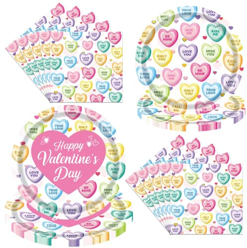 Valentine's Day Party Tableware Set Conversation Hearts Paper Plates Napkins Colorful Decorative Dessert Plates for Valentine's Day Party Supplies Serves 20 Guests (Pink)