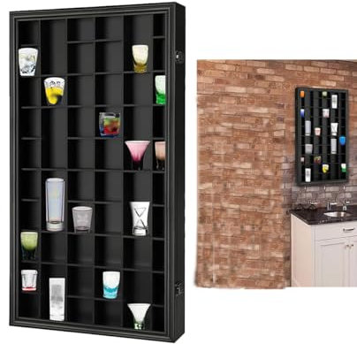 JUTSTJUKO Schnapsglasvitrine Massivholzschrank mit abschließbarer Tür Weinbecher Aufbewahrungsbox mit abnehmbaren Regalen Wandmontage Großer Holzschrank für Zuhause und Geschäft (Schwarz, 52 Gitter)