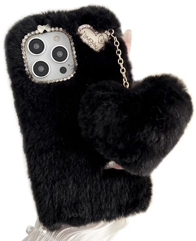Fluffy Plush Case for iPhone 5 / 5s / SE 2016 Heart-shaped Pendant TPU Bumper Protective Cover with Bling Diamond bowknot Cute Warm Winter for Women Girls Shockproof-Black