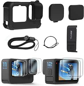 EIH1 Custodia in silicone per Go Pro Hero12 /Hero11 /Hero 10 /Hero 9 Nero Coperchio laterale della batteria e copriobiettivo e pellicole protettive e cordino per Go Pro Hero 12/11 /10/9 Nero
