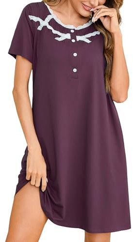 Litherday Camicia da Notte Donna Manica Corta Cotone Camicia da Notte Estiva Sexy Scollo a Pizzo Bottoni Davanti Vestito da Notte Pigiami Donna con Tasche