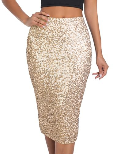 BALAYSIER Damen Glitzer Rock mit Futter Elastische Taille Pailletten Rock Midi Bleistiftrock für Bankette und Partys(Blasses Gold,S)