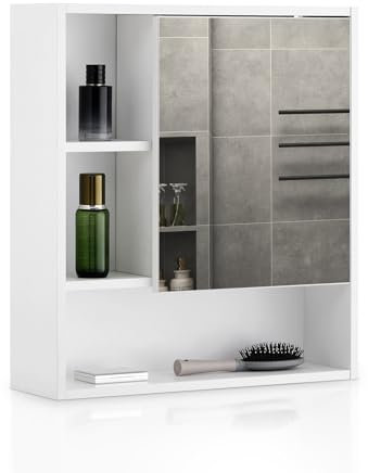 TUKAILAi 1 Door Bathroom Mirror Cabinet, Wall Mounted Storage Cabinet with Open Shelf 55x60cm Single Mirror Cupboard for Bathroom Washroom