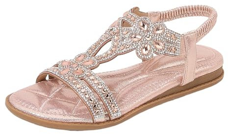 Generisch Sandali con glitter da donna, estivi, con strass, eleganti scarpe piatte, Sandali B2 Rosa, 46 EU Larga