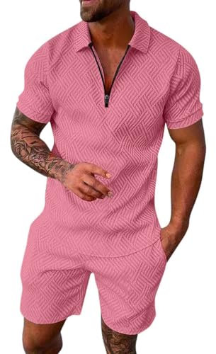 Mens Outfits Suit Set 2 Pieces Polo Shirt & Short Tracksuit Lapel Activewear Sweatsuits Mens Shorts and T Shirt Sets Polo Men Summer 2 Piece Holiday Clothes Co ord Shorts Set Pink