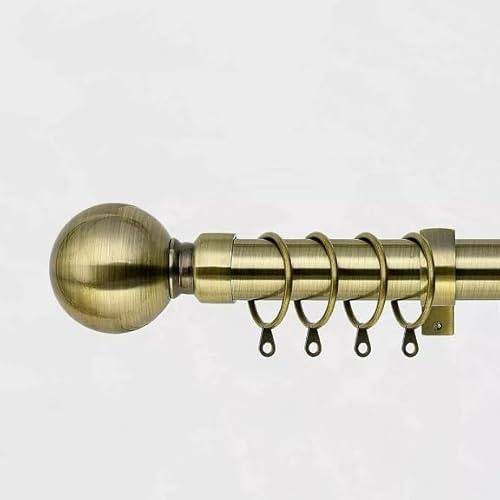 Extendable 25-28mm Metal Curtain Pole Set With Plain Ball Finials Rings Brackets (Antique Brass, 210-400cm)