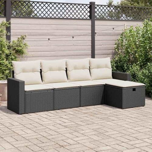 Qnhdfrt Garten Sofa Set Schwarz PE Rattan 5 teilig mit Kissen Stauraum und Hocker für Terrasse Balkon Garten