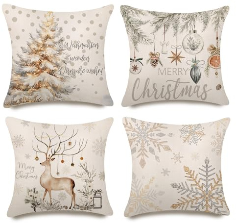 Weihnachten Kissenbezug 4er Set, Weihnachtskissenbezüge Leinen 45x45 cm, Winter Kissenhülle Kissenbezüge mit Weihnachtsmotiv, Schneeflocke Hirsch Xmas Zierkissenbezüge Cushion Covers Couch Zimmer Deko