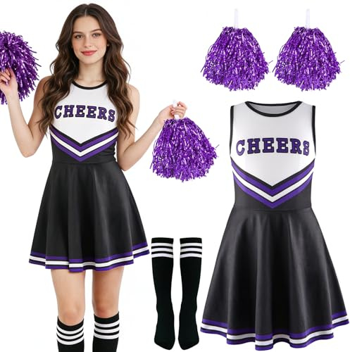 Taechalingo Cheerleader Kostüm Damen,Cheerleadering Outfit,Kostüm Cheerleader,Kostüme für Erwachsene,Cheer Outfit Fasching Party Kostüm Kleid mit Pompoms Stick,Karneval,Mottoparty