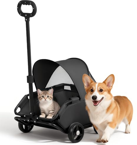 Chariot Pliable pour Chien, 4 Roues avec Barre Pivotante à 360°, Poussette pour Chat avec Visière Solaire, Mini Poussette pour Animaux de Compagnie, Tissu Oxford 600D (noir)