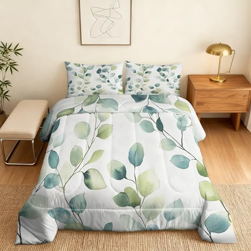 Generisch Eukalyptus Bettdecke 135x200 4 Jahreszeiten, Ohne Bezug, 1 Kissenbezug 80x80, Grün Blätter Motiv Wende Steppdecke, Schlafzimmer Deko, Geschenke, Superweich - S&E356