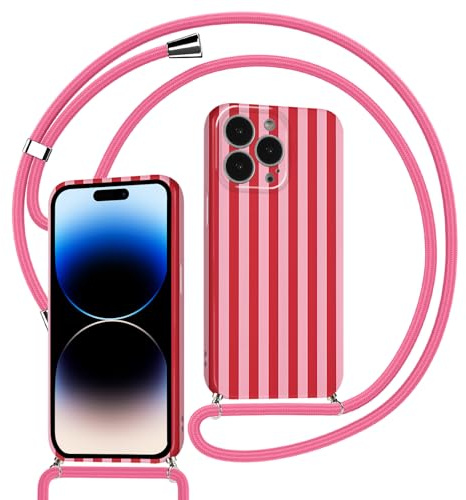 Kueqeay Coque avec Cordon pour iPhone 13 Pro 6,1 avec Aesthetic Motif Striped Dessin Rose Rouge Case, Silicone étui Fille Femme avec Collier Lanyard Corde Antichoc Housse de Bumper Protection, 01