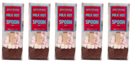 Kingsbridge Premium Hot Chocolate Spoons (5 Pack) - Luxury Milk Chocolate & Mini Marshmallow Hot Chocolate Stirrer - Milk Chocolate Block With Wooden Spoon - Add Hot Milk For Instant Hot Chocolate