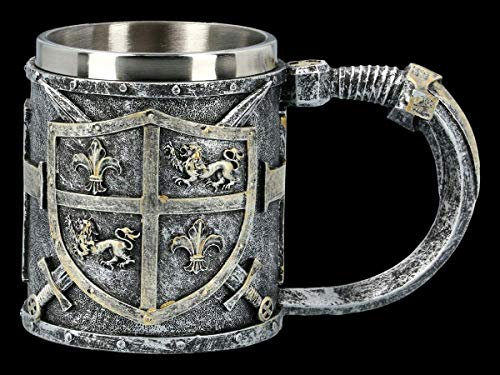 Fantaisie Moyen Âge Chope à Bière - Lions Armoiries Bécher, Peint à la Main, avec Insert en Acier Inoxydable, Hauteur 10,5 CM