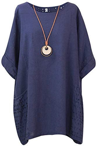 Storm Island Ladies Italian Plain Top Women Lagenlook Cotton Baggy Dress Two Pockets Necklace SI099
