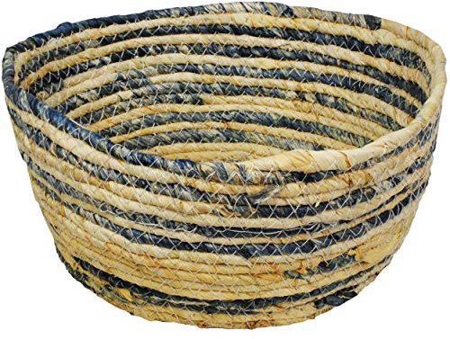 alles-meine.de GmbH Bastkorb/Korb - braun & blau - Ø 31 cm - groß rund - Natur Handarbeit - geflochten + vernäht - Seilorb/Flechtkorb ohne Henkel/Körbchen/Tasche - Kinder..