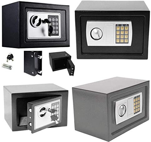 Coffre-fort 4,6 l - Combinaison électronique - Petit coffre-fort - Coffre-fort - Coffre-fort à encastrer avec serrure à clé - Serrure à double panneton - 23 x 17 x 17 cm - 4,6 l - Gris
