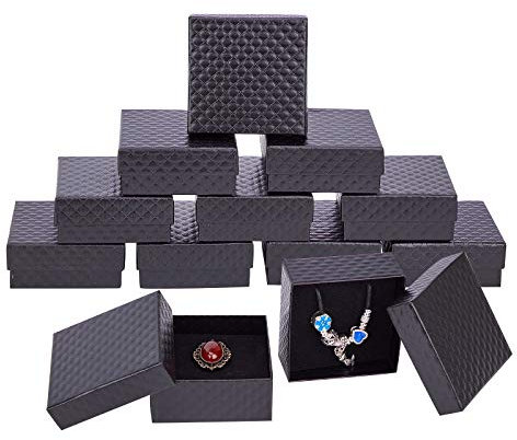 nbeads 12 Stück Schwarz Karton Schmuckschatulle, Diamantgitter Schmuck Geschenkbox Papier Geschenkbox mit Deckel Mit Schwamm Für Halskette Ring Geschenkverpackungen, 7.5x7.5x3.5 cm