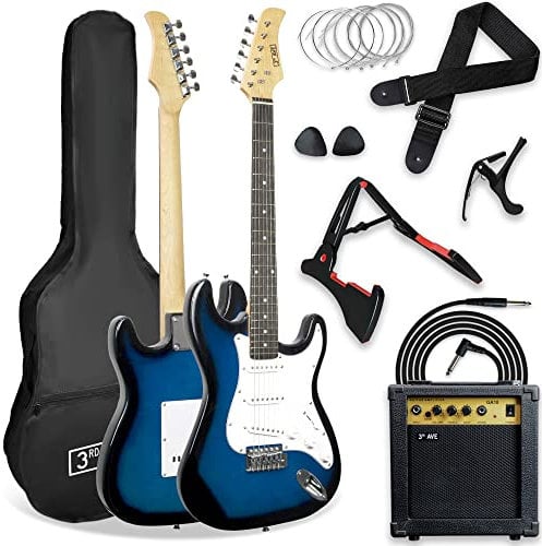 3rd Avenue XF Full Size 4/4 Electric Guitar Ultimate Kit with 10W Amp, Cable, Stand, Gig Bag, Strap, Spare Strings, Picks, Capo – Blue