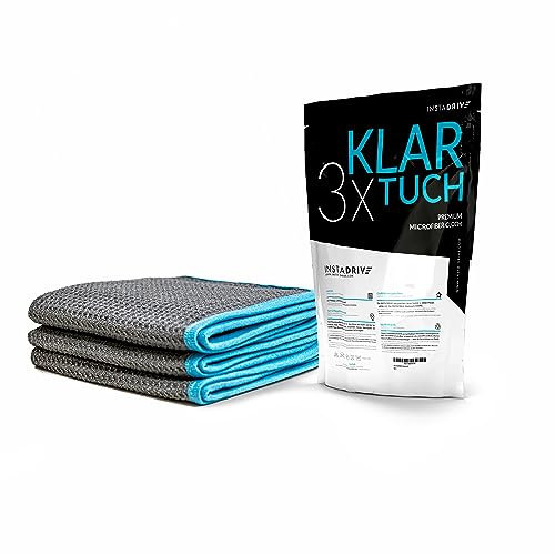 INSTADRIVE Panno trasparente – Panno in microfibra senza aloni (450 GSM), 35 x 35 cm, confezione da 3, senza pelucchi, ad alta assorbenza, ad asciugatura rapida, ideale per lavavetri, specchi e vetri