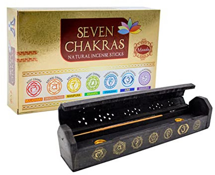 Set 7 Chakren: Masala Räucherstäbchen 7 Chakras inkl. Räucherstäbchen-Box mit Chakra Symbolen aus Rosenholz, handgefertigt, Chakra Geschenkset