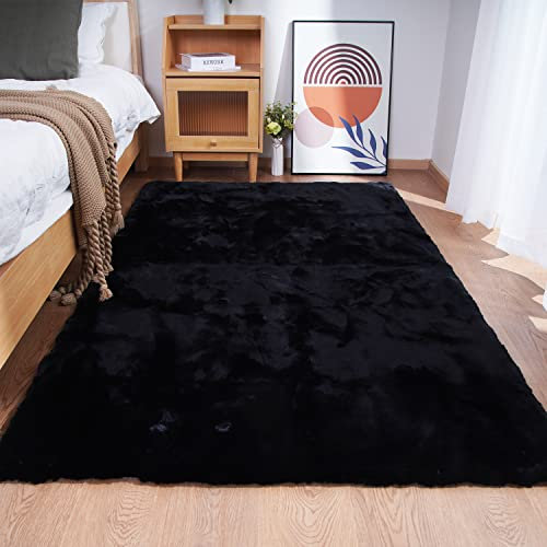 Ghouse Teppich Rechteck 120x180 cm Schwarz Flauschig Weich Wohnzimmer Schlafzimmer Dekoration rutschfest Kurzflor Teppich Waschbarer Carpet